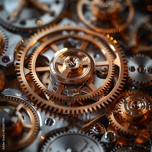 Close-up image of brass and steel clock gears meshing together, depicting intricate mechanical engineering and precision craftsmanship. photo