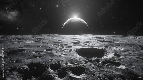 astronaut's perspective of the Earthrise over the Moon's horizon with the blackness of space beyond photo