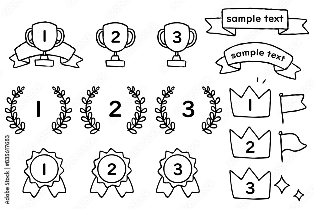 Fototapeta premium 手書き風のランキングアイコンセット -シンプルな王冠・メダル・トロフィーなどのイラスト
