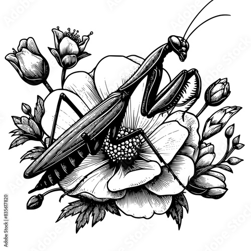 black and white flower and pryaing mantis