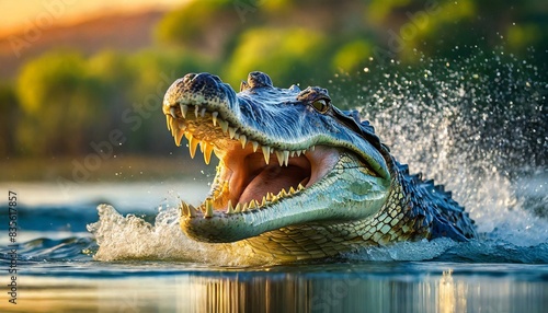 A saltwater crocodile (Crocodylus porosus) opens its jaws as it erupts out of the Hunter Riv © MAWLOUD