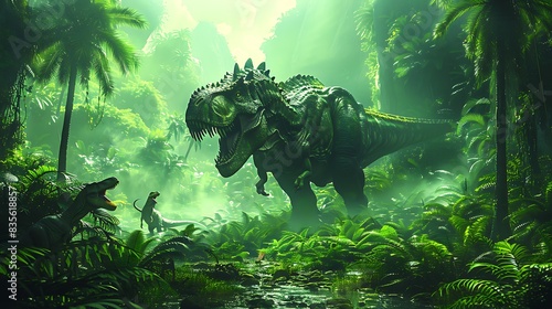 Irritator lurking in the shadows of a dense jungle with mist covering the ground and other dinosaurs nearby photo