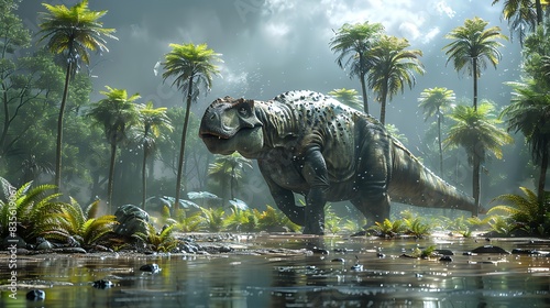 Ouranosaurus walking through a prehistoric floodplain with tall palm trees and ferns around it and other dinosaurs nearby photo