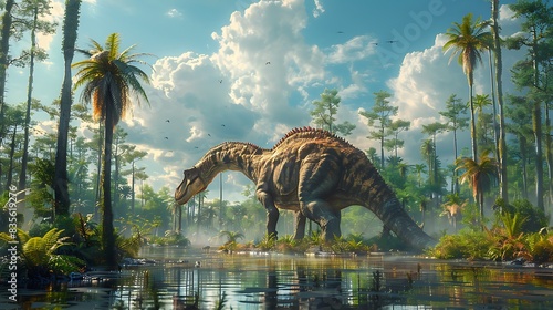 Ouranosaurus walking through a prehistoric floodplain with tall palm trees and ferns around it and other dinosaurs nearby