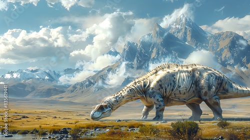 Camarasaurus grazing peacefully a large open field with mountains in the background