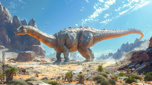 Dacentrurus standing tall a rocky desert with a clear blue sky above