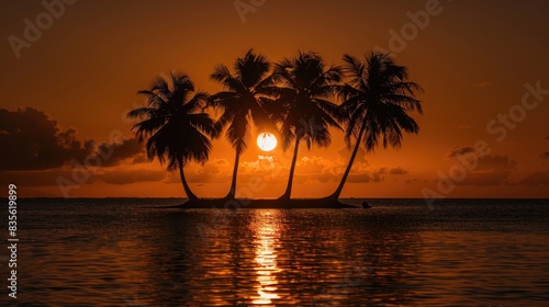 Coconut palm trees silhouetted against setting sun on a tiny island
