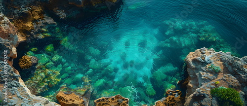 Fototapeta Naklejka Na Ścianę i Meble -  8k, Top view widescreen of Seascape The wonders of the Galapagos ecosystem, A tropical underwater scene with fish, coral reefs, and a diver in the blue ocean