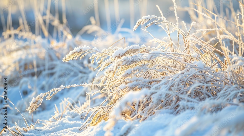 Fototapeta premium Close up of snow covered dry grass in winter