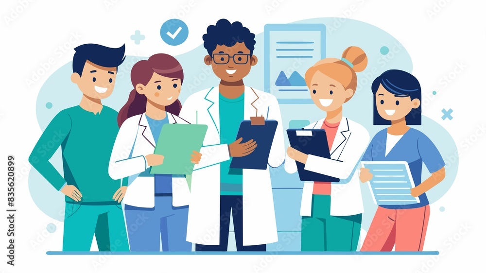 A team of medical professionals works together. Doctors, nurses, and specialists analyze a patient's chart to determine the best course of treatment. A team of medical professionals works together. Doctors, nurses, and specialists analyze a patient's chart to determine the best course of treatment.