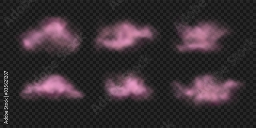 Realistic soft pink clouds, smoke, fog set. Vector illustration of magic haze, cotton clouds isolated on transparent background