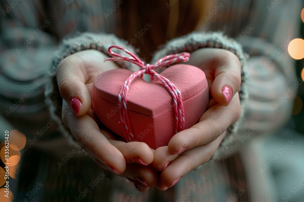 A woman holding a pink heart shaped box A woman holding a pink heart shaped box