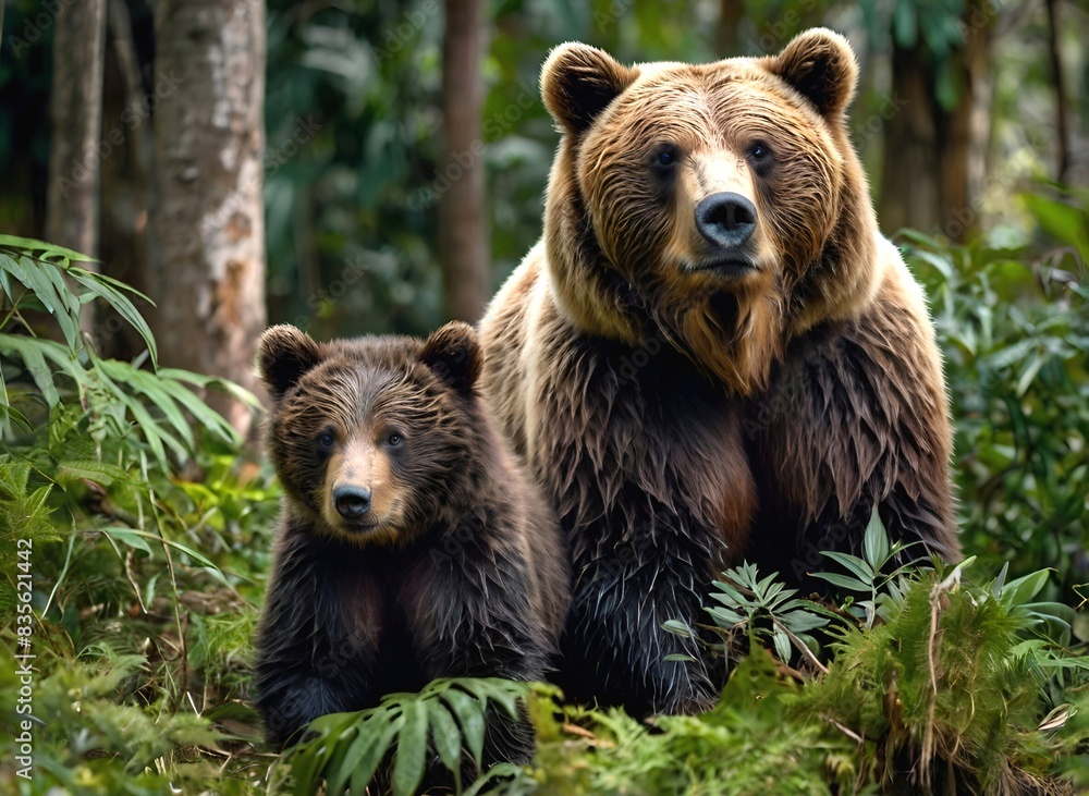 Fototapeta premium A mother bear and a bear cub in a large forest