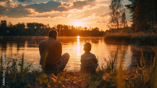 Father and son fishing at sunset Father s Day  family day Father s Day  family day  fishing 