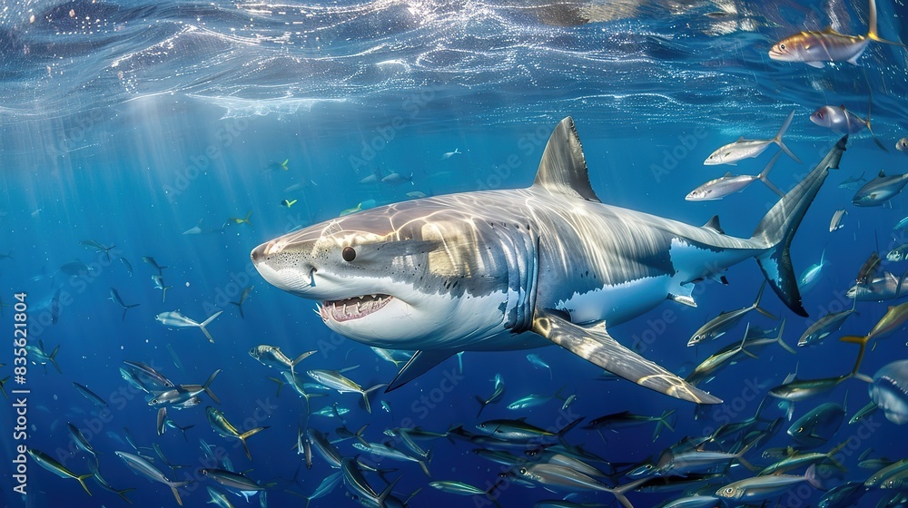 Fototapeta premium Attractive Close-up of great white shark mako swimming underwater in front of camera in a school