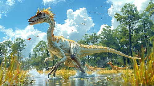 Gigantoraptor running through grassy plain with a herd of other dinosaurs in the background photo