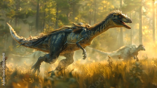 Gigantoraptor running through grassy plain with a herd of other dinosaurs in the background © HaiderShah