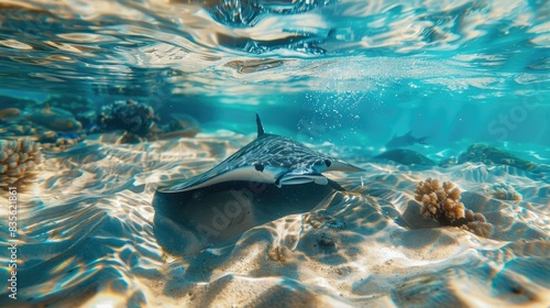 Marine fish  stingray. Unique deep inhabitants of the underwater world. The slopes at the bottom of the island with white sand  the beautiful waves of