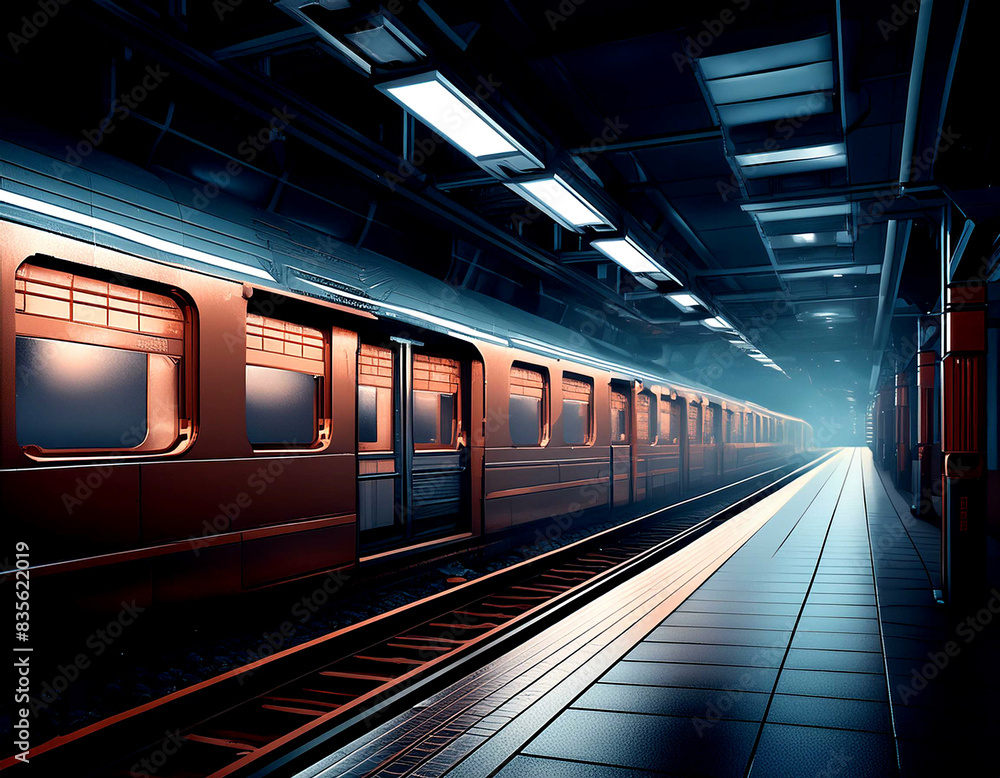 Fototapeta premium ホラーゲーム背景風 人気のない駅と無人列車のとまる地下鉄駅のプラットホーム