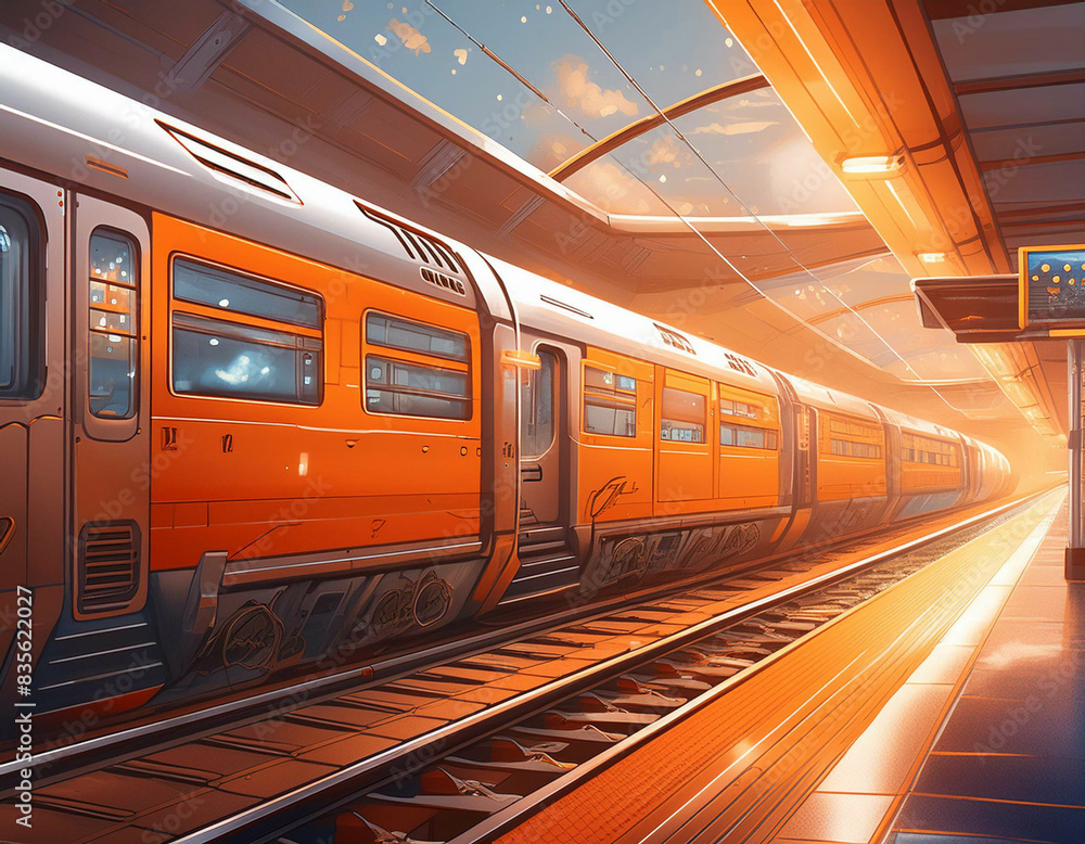 Naklejka premium ゲーム背景 夕暮れの駅にとまる電車と駅