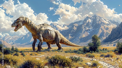 Iguanodon grazing peacefully a large open field with mountains in the background