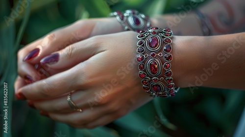 Woman's hand adorned with a garnet bracelet, capturing the intricate details of the gemstones and the bracelet's craftsmanship photo