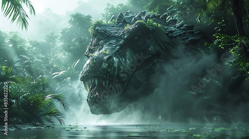 Irritator lurking the shadows of a dense jungle with mist covering the ground