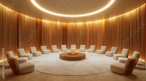 Therapy room featuring a circle of empty chairs, perfect for group discussions, minimalist design with soft lighting photo