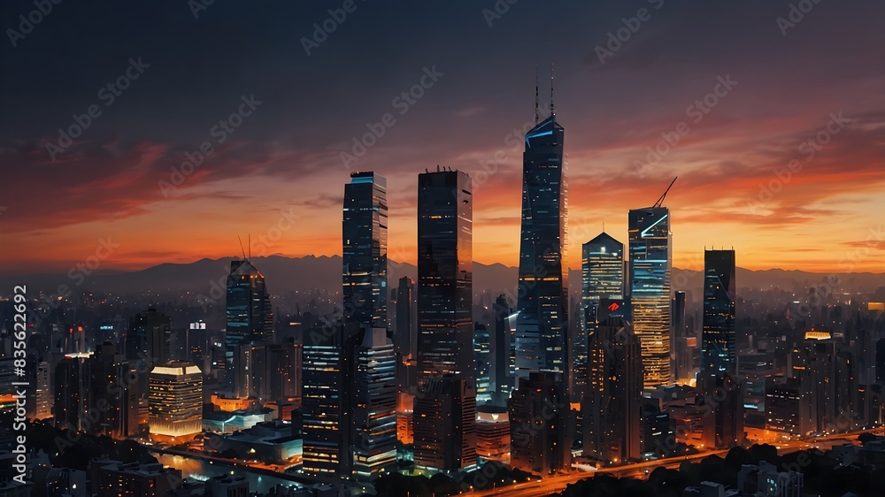 Obraz premium The essence of a bustling cityscape at twilight with vibrant hues ai_generated