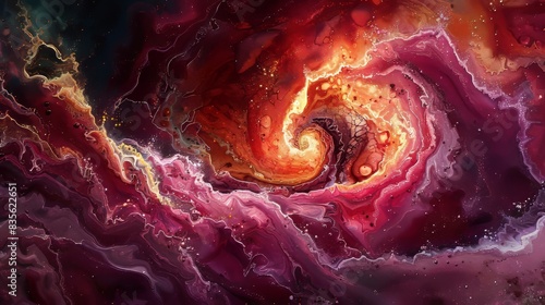 Swirling abstract wave in shades of ruby, burgundy, and garnet, with intricate textures and vibrant colors evoking oceanic energy photo