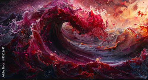 Swirling abstract wave in shades of ruby, burgundy, and garnet, with intricate textures and vibrant colors evoking oceanic energy photo
