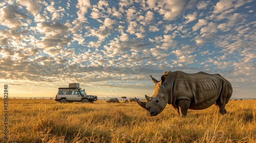 Stunning rhino in its natural habitat, the savanna, with a backdrop of safari tour jeeps and expansive skies photo
