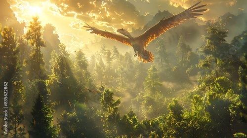 Microraptor gliding between trees a dense forest with sunlight filtering through the canopy and other dinosaurs nearby photo
