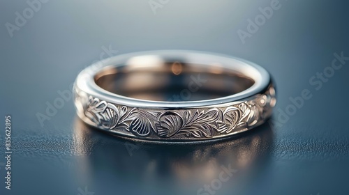 Stunning close-up of a white gold wedding band with subtle engravings, isolated on a plain background, highlighted by studio lighting photo