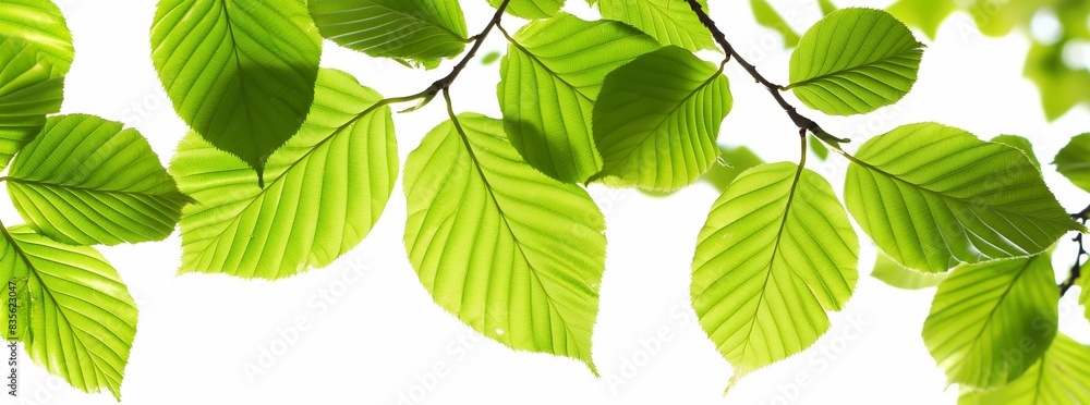A closeup of vibrant green beech leaves, with sunlight filtering through the branches on a white background, creating an elegant and natural composition. generative AI A closeup of vibrant green beech leaves, with sunlight filtering through the branches on a white background, creating an elegant and natural composition. generative AI