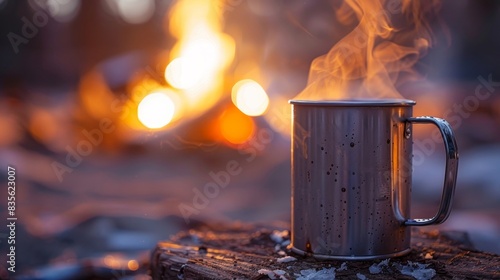 Steaming hot coffee in a metal cup, close-up, with the soft light of a fireplace in the background, perfect for a camping vibe photo