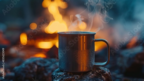 Steaming hot coffee in a metal cup, close-up, with the soft light of a fireplace in the background, perfect for a camping vibe photo