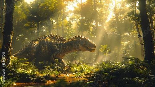 Muttaburrasaurus feeding plants in a dense forest with sunlight streaming through the trees