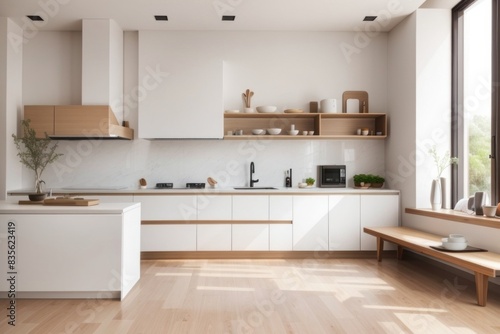 Interior home of modern kitchen with countertop and furniture on white wall  hardwood floor