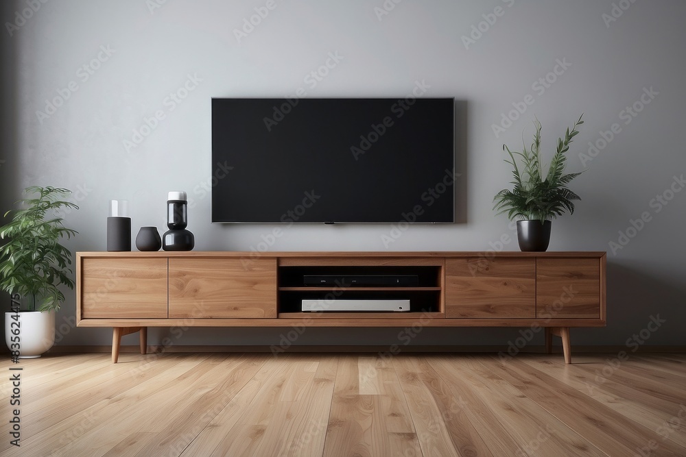 Fototapeta premium Interior home of living room with TV LED wooden cabinet on white wall, hardwood floor