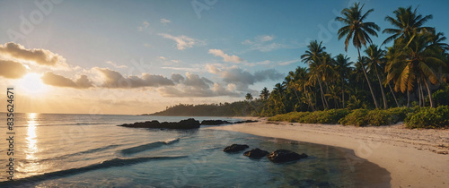 Fototapeta Naklejka Na Ścianę i Meble -  Paradise beach with palm trees and calm ocean at dawn or sunset. Panoramic banner of a peaceful landscape