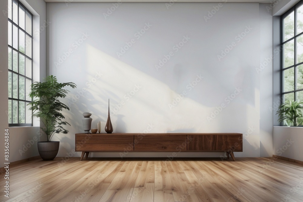 Interior home of living room with TV LED wooden cabinet on white wall, hardwood floor Interior home of living room with TV LED wooden cabinet on white wall, hardwood floor