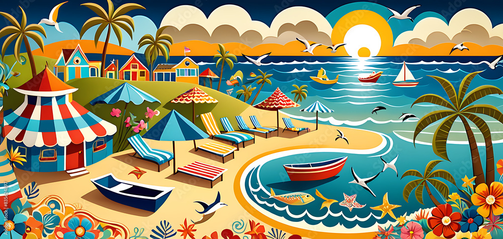 Whimsical Beach Folk Art, Surreal Summer Vacation Pattern Whimsical Beach Folk Art, Surreal Summer Vacation Pattern