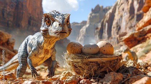 Oviraptor stealing eggs another dinosaur's nest in a rocky desert with other dinosaurs nearby photo