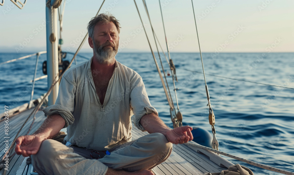 Middle-aged man meditating on a sailboat deck at sea Middle-aged man meditating on a sailboat deck at sea
