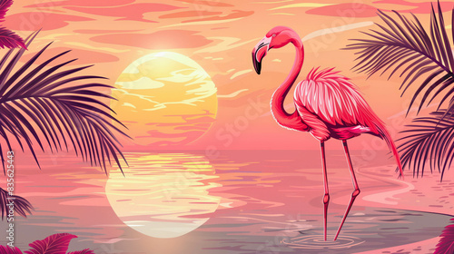 Flamingo under a stunning summer sunset in a tropical setting