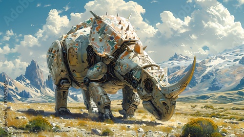 Pentaceratops grazing peacefully a large open field with mountains in the background photo