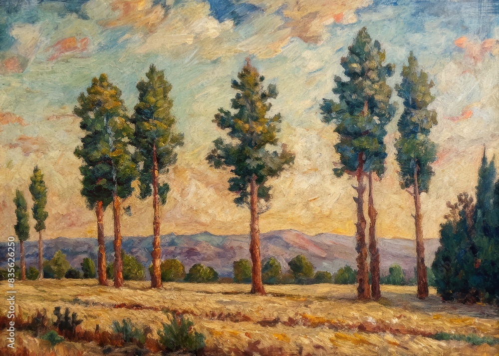 Naklejka premium Autumn forest with colorful trees and leaves, oil paint wall artk