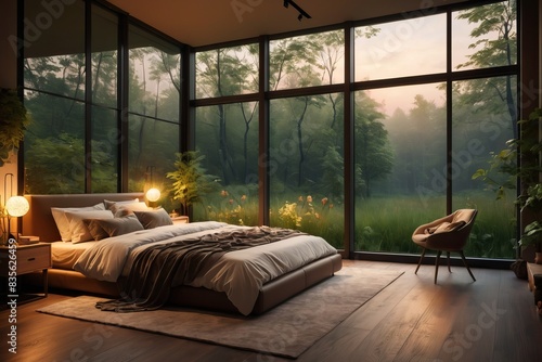 Modern bedroom with nature view. Rainforest landscape