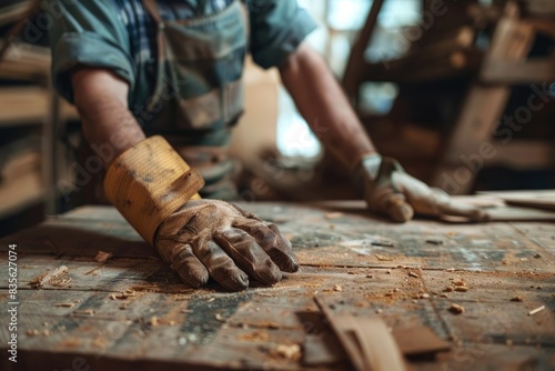 An image of a man worker in the carpentry workshop with an injured hand, emphasizing the importance of workplace safety and accident prevention.

